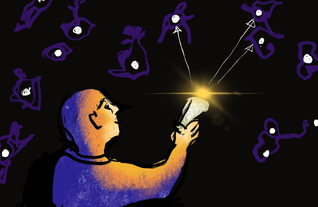 Een tekening van een persoon die met een zaklamp om zich heen schijnt en daarbij op lichtsensoren schijnt