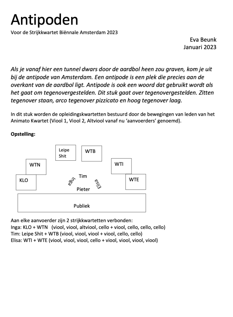 De eerste pagina van de partituur van Antipoden met instructies erop.