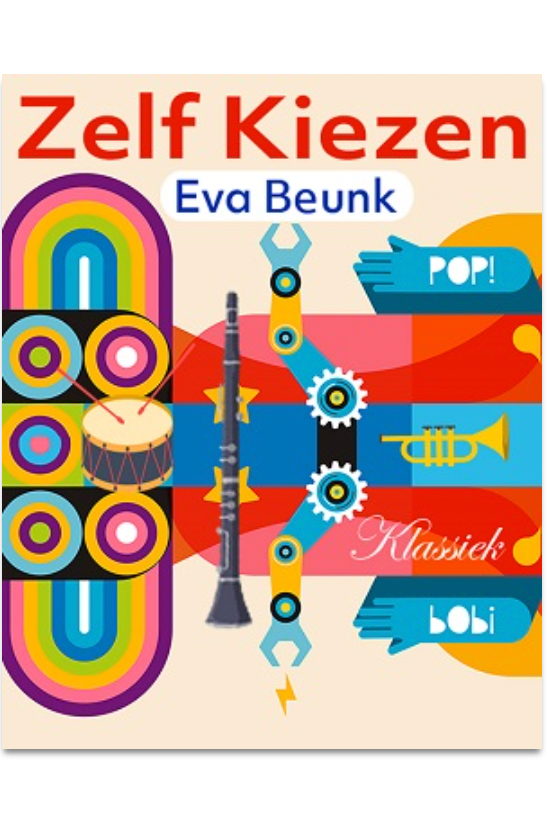 Een vrollijke kleurijke animatie, met een trompet, trommel en klarinet erop.